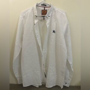 NWOT Perton White Button-Up linen/cotton Shirt with Embroidered Logo